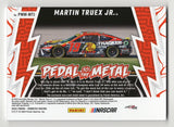 Exclusive Martin Truex Jr. signed NASCAR card from the 2024 Donruss Racing PEDAL TO THE METAL series. Includes a race-used sheet metal relic and a Certificate of Authenticity, perfect for collectors.