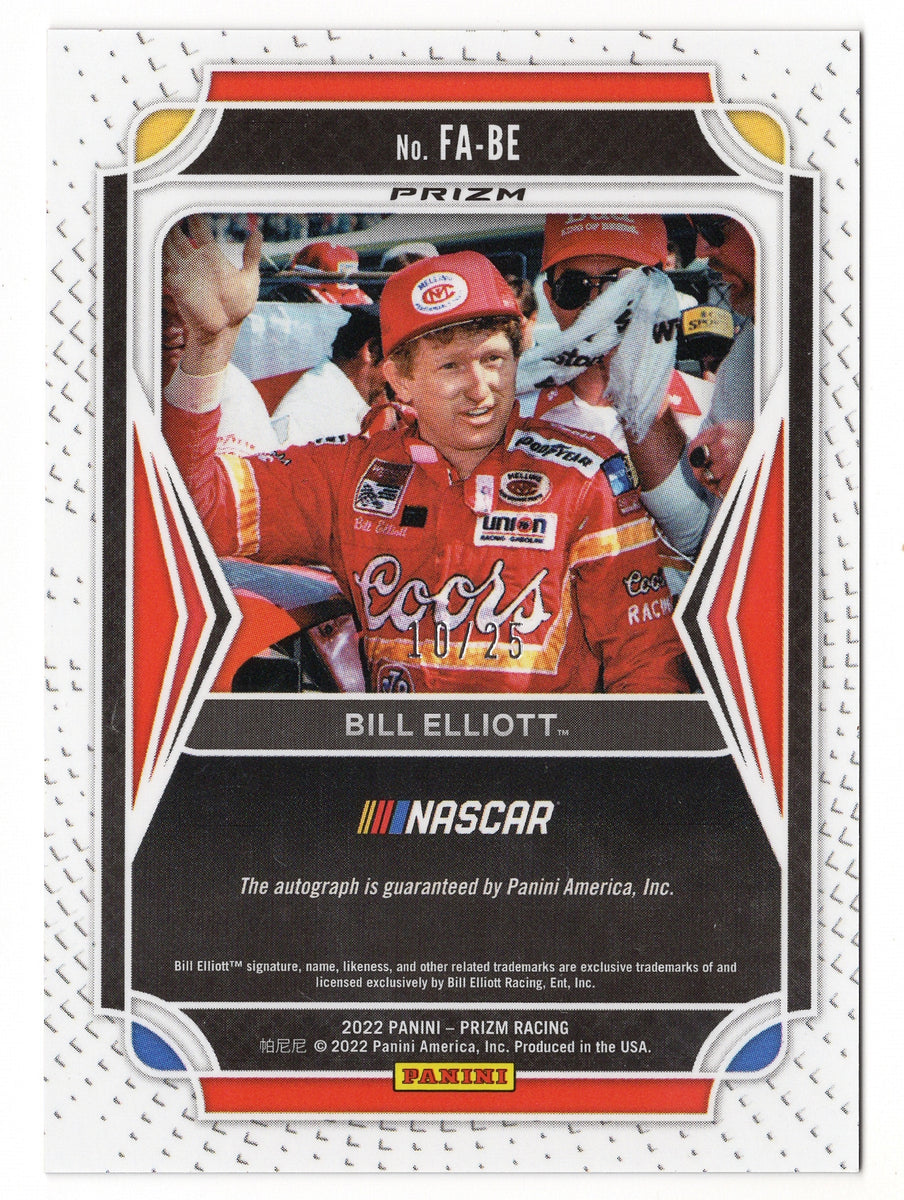 Bill Elliott 2022 Panini Prizm Racing FLASHBACK RED WHITE BLUE PRIZM  AUTOGRAPH Rare Insert Signed NASCAR Collectible Trading Card #10/25