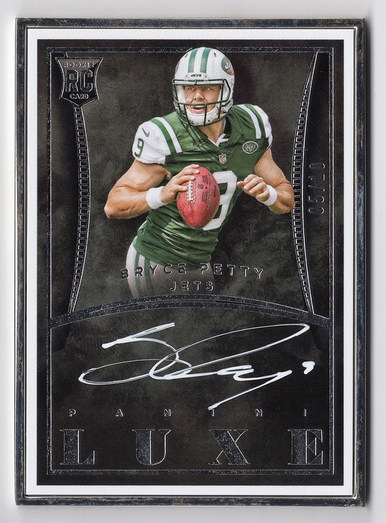 BRYCE PETTY 2015 Panini Luxe Football ROOKIE AUTOGRAPH (New York Jets) Rare Silver Metal Frame Signed NFL Collectible Trading Card #05/10 BRYCE PETTY 2015 Panini Luxe Football ROOKIE AUTOGRAPH (New York Jets) Rare Silver Metal Frame Signed NFL Collectible Trading Card #05/10