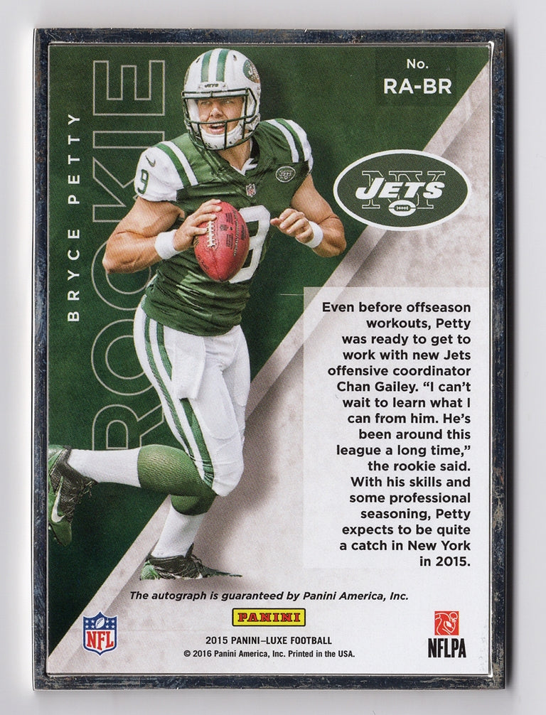 rare 2015 football cards BRYCE PETTY 2015 Panini Luxe Football ROOKIE AUTOGRAPH (New York Jets) Rare Silver Metal Frame Signed NFL Collectible Trading Card #05/10