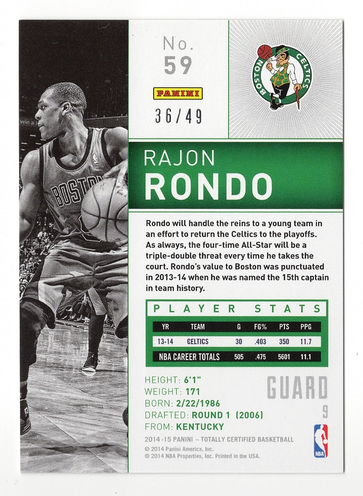 Rajon Rondo 2014-15 Panini Totally Certified Basketball PLATINUM PURPLE  Rare Parallel Collectible Insert Trading Card #36/49 (Only 49 Made)