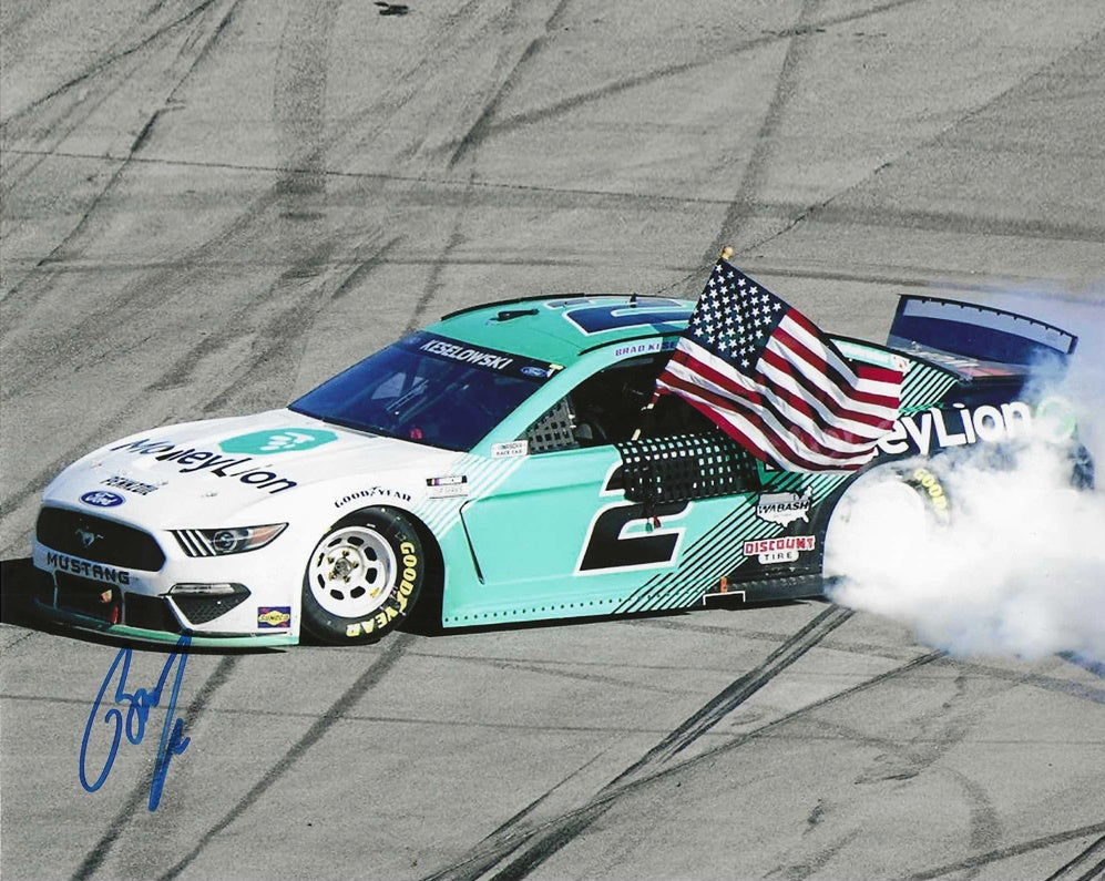 AUTOGRAPHED 2021 Brad Keselowski #2 Money Lion Racing TALLADEGA WIN BURNOUT  (American Flag) NASCAR Cup Series Signed Glossy Picture 8X10 Inch Photo