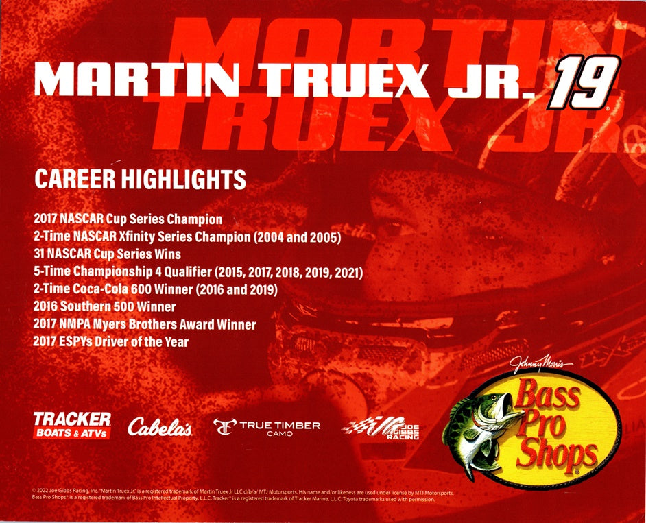 AUTOGRAPHED 2022 Martin Truex Jr. #19 Bass Pro Shops OFFICIAL HERO CAR –  Trackside