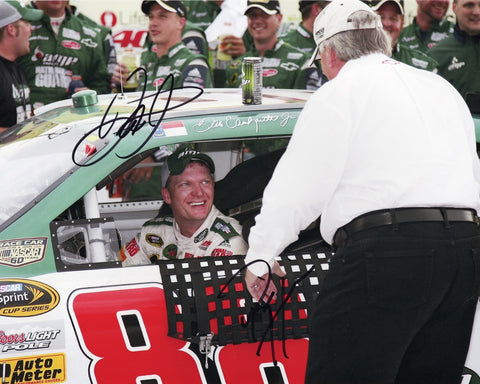 Step back in time with an AUTOGRAPHED 2008 Dale Earnhardt Jr. & Rick Hendrick #88 AMP Energy MICHIGAN WIN Signed 8x10 Inch NASCAR Photo, capturing the euphoria of victory in Michigan's Victory Lane.