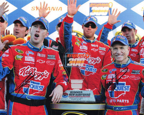 Celebrate the iconic 2009 New Hampshire Win with this 2X AUTOGRAPHED Mark Martin & Alan Gustafson Dual Signed 8x10 Inch Racing Photo.