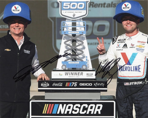 Autographed William Byron & Jeff Gordon 2023 #24 Valvoline Racing PHOENIX WIN dual signed 8x10 inch NASCAR glossy photo with Certificate of Authenticity (COA).
