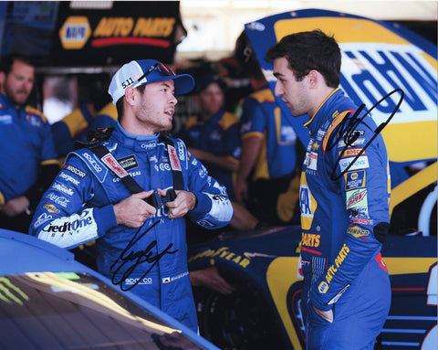 Experience the thrill of NASCAR with the 2X AUTOGRAPHED Chase Elliott & Kyle Larson Dual Signed 8x10 Inch Picture, celebrating the excellence of Hendrick Motorsports.