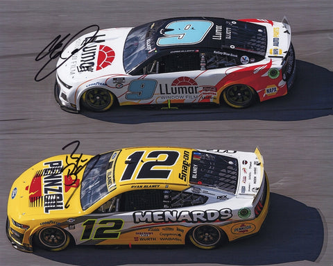 Own this rare dual-signed 8x10 glossy photo of Chase Elliott and Ryan Blaney from the 2023 Talladega Superspeedway. Featuring #9 Llumar and #12 Pennzoil cars, this collectible includes a COA for authenticity.