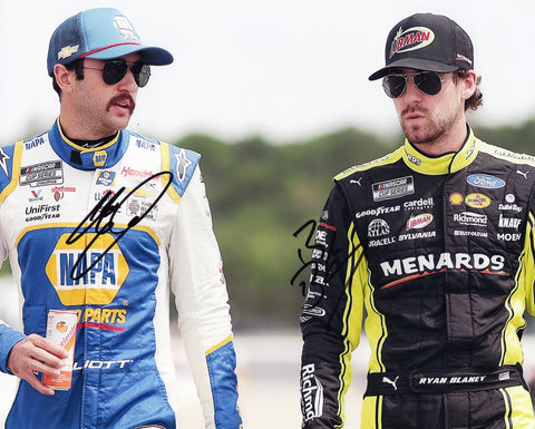 This dual-signed 8x10 photo captures Chase Elliott and Ryan Blaney in a rare “Pit Road Talk” moment during the 2024 NASCAR Cup Series. Signed by both drivers, it includes a COA for authenticity, making it a perfect collectible for fans.