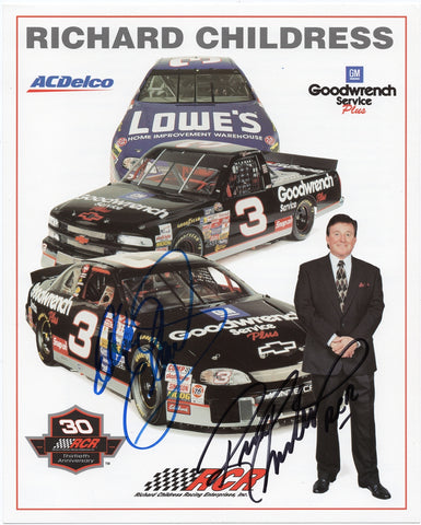 Dale Earnhardt Sr. and Richard Childress's 2X autographed 30th Anniversary RCR hero card features their authentic signatures on a vintage 8x10-inch NASCAR photo. With a Certificate of Authenticity (COA), this collectible is perfect for fans and makes a fantastic gift.