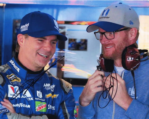"Relive the NASCAR glory of Jeff Gordon and Dale Earnhardt Jr. at Martinsville with this dual autographed 8X10 glossy photo. Limited to just a few, it's a prized keepsake for fans of these legendary racers."