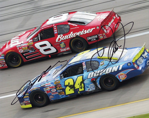 Celebrate NASCAR history with this 8X10 glossy photo featuring dual autographs of Dale Earnhardt Jr. and Jeff Gordon at Talladega in 2005.