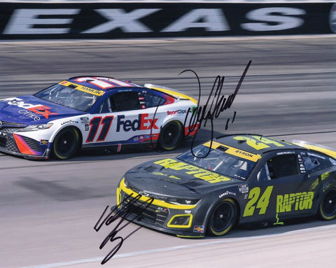 Relive the high-octane action with this 2X AUTOGRAPHED Denny Hamlin & William Byron 8x10 Inch Racing Photo from the 2023 Texas Speedway race.