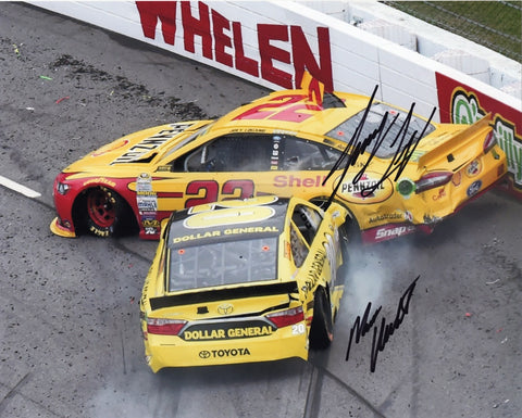 Own a piece of racing history with this 2X AUTOGRAPHED Logano & Kenseth 8x10 Inch Racing Photo, capturing the unforgettable 2015 Martinsville Race wreck.