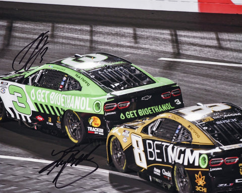 Experience the thrill of NASCAR with an AUTOGRAPHED Kyle Busch & Austin Dillon 2023 Richard Childress Racing Dual Signed 8x10 Inch NASCAR Photo, celebrating their collaboration in the #8 Bet MGM and #3 Ethanol cars.