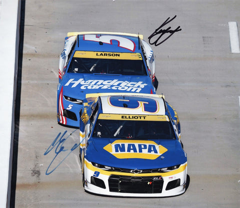 Experience the intensity of the 2021 Phoenix Championship Race with the 2X AUTOGRAPHED Kyle Larson & Chase Elliott Dual Signed 8x10 Inch Picture, a true treasure for NASCAR fans.