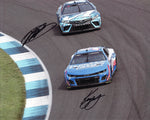 This signed 8x10 NASCAR photo showcases Kyle Larson and Martin Truex Jr. in action, racing in their #5 Hendrick Motorsports and #19 Auto-Owners cars. It includes a Certificate of Authenticity (COA), making it an ideal collectible for NASCAR fans.