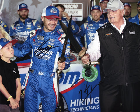 A rare dual-signed 8x10 glossy photo of Kyle Larson and Rick Hendrick from the 2024 Bristol Race Victory Lane. This commemorative piece captures a historic racing moment, complete with both signatures and a Certificate of Authenticity (COA).