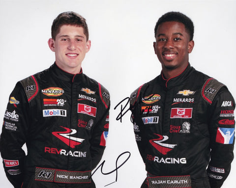 Experience the excitement of ARCA Series racing with this 2X AUTOGRAPHED Nick Sanhez & Rajah Caruth 8x10 Inch Racing Photo, capturing their presence at the 2021 Rev Racing Team Media Day.