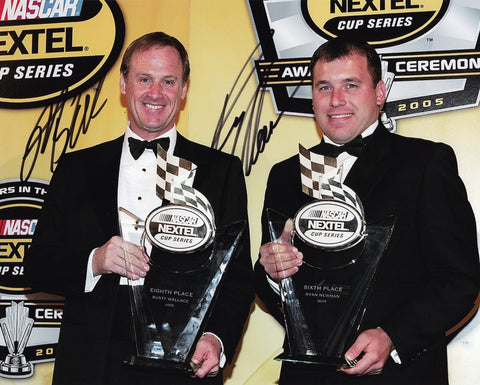 Own a piece of NASCAR history with this dual-signed 2005 NASCAR Awards Ceremony photo by Rusty Wallace and Ryan Newman. Captured during the Penske Red Carpet, this glossy 8x10 comes with a COA, making it a valuable collectible.