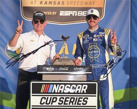 Dual autographed 2025 Chase Elliott and Jeff Gordon Kansas Victory Lane trophy photo showing Elliott holding the trophy with Gordon beside him and the #9 Kelley Blue Book car in view. This signed 8x10 NASCAR collectible includes a COA, makes a great gift, and we are always here to help with any questions.