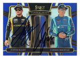 Dual autographed Carson Hocevar and Justin Haley 2025 Panini Select Racing Tandem Draft Blue Parallel insert card numbered 23 of 49, featuring Spire Motorsports drivers, bold blue design, detailed racing imagery, and both signatures, ideal for collectors seeking a rare modern NASCAR dual-signed card.