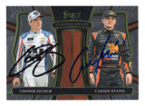 Front view of a dual autographed Connor Zilisch and Carson Kvapil 2025 Panini Select Racing Tandem Draft NASCAR trading card featuring both rising motorsports stars. This 2X signed racing collectible includes a Certificate of Authenticity and makes an exciting addition to any NASCAR memorabilia or dual autograph trading card collection.