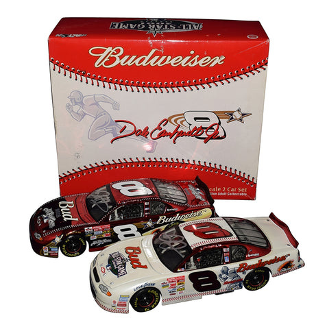 2X autographed 2001-2002 Budweiser Racing MLB All-Star Game two-car set, signed by NASCAR legends, featuring vibrant detailing and unique baseball-themed designs.
