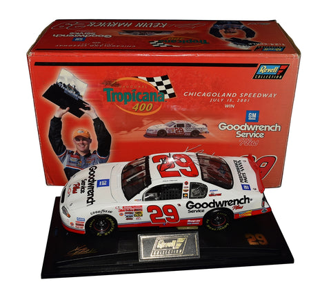 Autographed 2001 Kevin Harvick #29 Chicagoland Win diecast car, featuring vibrant details and signed by both Harvick and Richard Childress. Includes COA and lifetime authenticity guarantee.