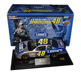 The 2002 Jimmie Johnson #48 Lowe’s Chevrolet diecast car is autographed by both Johnson and Chad Knaus, commemorating Johnson’s first-ever Cup Series win. This 1/24 scale raced version replicates the exact condition of the car after the California Speedway victory, making it a highly sought-after gift and collectible for NASCAR fans.