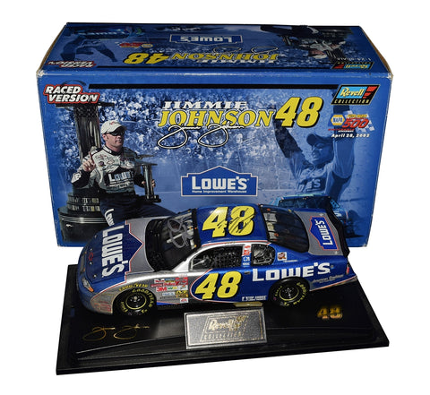 The 2002 Jimmie Johnson #48 Lowe’s Chevrolet diecast car is autographed by both Johnson and Chad Knaus, commemorating Johnson’s first-ever Cup Series win. This 1/24 scale raced version replicates the exact condition of the car after the California Speedway victory, making it a highly sought-after gift and collectible for NASCAR fans.