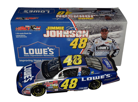 Autographed 2002 Jimmie Johnson #48 Lowe's Racing Rookie Season diecast, signed by both Johnson and Chad Knaus. Features detailed design, Certificate of Authenticity, and lifetime guarantee.