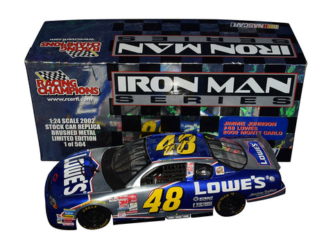 Autographed 2002 Jimmie Johnson #48 Lowe’s Rookie Iron Man Series NASCAR diecast with a brushed metal finish. Signed by Johnson and Knaus, includes COA and lifetime authenticity guarantee.