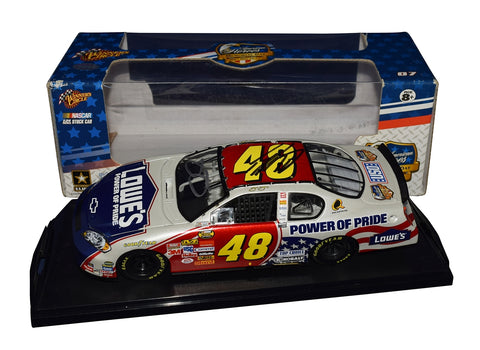 The 2007 #48 Lowe’s Memorial Day diecast car stands out with bold red, white, and blue colors honoring America’s heroes. Signed by Jimmie Johnson and Chad Knaus, this 1/24 scale collectible features authentic sponsor logos and precision craftsmanship. An ideal gift for NASCAR collectors and fans of patriotic memorabilia.
