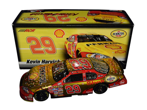 The 2007 Kevin Harvick #29 Pennzoil Daytona 500 win liquid color diecast, autographed by both Harvick and Richard Childress. Limited to 729 units, this 1/24 scale NASCAR diecast features the raced version of Harvick's car, making it a rare and valuable collectible for NASCAR fans and collectors.