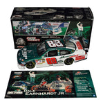 Close-up view of the 2008 Dale Earnhardt Jr. #88 AMP Racing Daytona Twin 150 win diecast, showcasing the raced version details and the autographs of Dale Jr. and Rick Hendrick. This limited edition, one of only 808 produced, is perfect for NASCAR collectors and fans of Dale Earnhardt Jr.