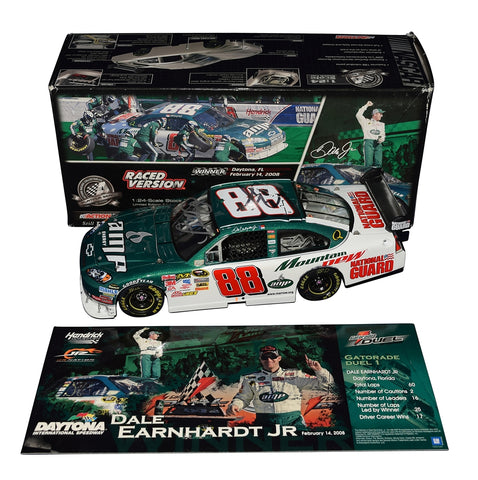 Close-up view of the 2008 Dale Earnhardt Jr. #88 AMP Racing Daytona Twin 150 win diecast, showcasing the raced version details and the autographs of Dale Jr. and Rick Hendrick. This limited edition, one of only 808 produced, is perfect for NASCAR collectors and fans of Dale Earnhardt Jr.