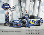 Official 2016 Hero Card autographed by Jimmie Johnson and Chad Knaus, featuring the #48 Lowe’s car in full racing glory. This signed 8x10 photo celebrates their 6X championship legacy and includes a COA. A prized collectible and perfect gift for any NASCAR memorabilia fan.