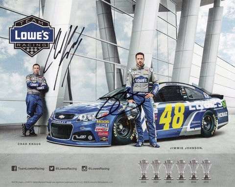 Official 2016 Hero Card autographed by Jimmie Johnson and Chad Knaus, featuring the #48 Lowe’s car in full racing glory. This signed 8x10 photo celebrates their 6X championship legacy and includes a COA. A prized collectible and perfect gift for any NASCAR memorabilia fan.