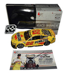 Limited edition 2X autographed 2022 Joey Logano #22 Pennzoil Racing Las Vegas Win Diecast Car. Raced version capturing authentic race details, hand-signed by Joey Logano. Only 504 produced. Includes Certificate of Authenticity. Ideal gift for NASCAR fans and collectors.