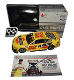 Limited edition 2X autographed 2022 Joey Logano #22 Pennzoil Racing Las Vegas Win Diecast Car. Raced version capturing authentic race details, hand-signed by Joey Logano. Only 504 produced. Includes Certificate of Authenticity. Ideal gift for NASCAR fans and collectors.