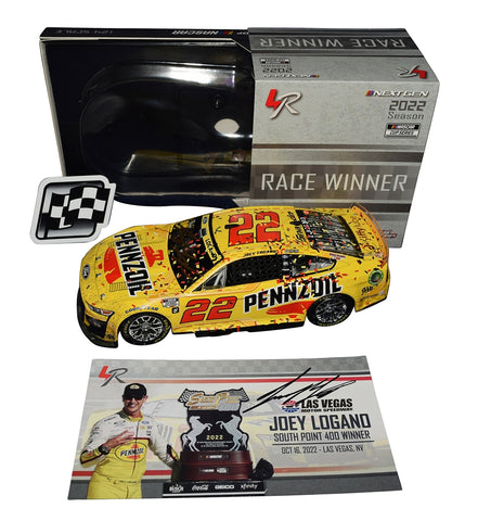 Limited edition 2X autographed 2022 Joey Logano #22 Pennzoil Racing Las Vegas Win Diecast Car. Raced version capturing authentic race details, hand-signed by Joey Logano. Only 504 produced. Includes Certificate of Authenticity. Ideal gift for NASCAR fans and collectors.