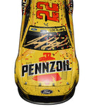 Authentic Joey Logano #22 Pennzoil Racing Las Vegas Win Diecast Car from 2022. Raced version with realistic post-race details. Signed twice by Joey Logano. Numbered 181 of 504. Includes Certificate of Authenticity. Excellent gift for NASCAR collectors and fans.