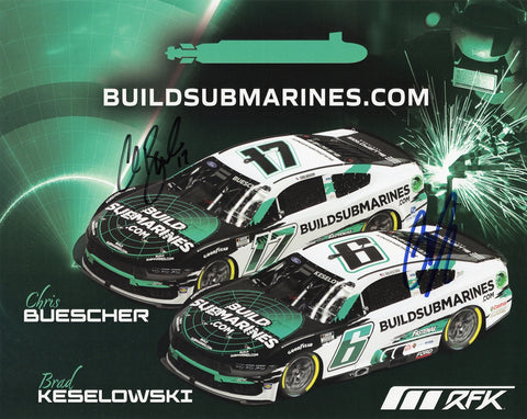 Official 2025 RFK Racing Hero Card featuring Brad Keselowski and Chris Buescher, both signatures clearly shown above the Build Submarines car design. This signed 8x10 collectible celebrates teamwork and American pride, making it a must-have item and a perfect gift for NASCAR fans and collectors alike.