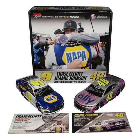 The 2020 Chase Elliott & Jimmie Johnson Phoenix Finale (Passing The Torch) Two-Car Set, autographed by both drivers. This limited edition set includes cars commemorating Johnson's retirement and Elliott's championship. With only 948 produced, this diecast set (#343) is perfect for NASCAR fans and collectors. Contact us for more info.