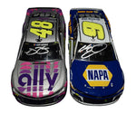 Close-up view of the 2020 Chase Elliott & Jimmie Johnson Phoenix Finale two-car set, signed by both drivers. This limited edition diecast set commemorates the historic Passing The Torch moment in NASCAR. Only 948 sets were made, making it a rare collectible. COA included. Contact us with any questions.