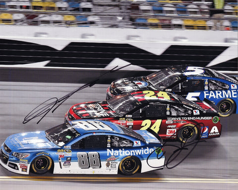 Celebrate the iconic 2015 Daytona 500 with this dual-signed 8x10 photo by Jeff Gordon and Dale Earnhardt Jr., featuring both NASCAR legends. Includes COA for authenticity.