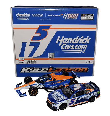 This exclusive 1/24 scale two-car set features Kyle Larson’s signed #17 McLaren Indy and #5 Camaro, celebrating his 2024 Hendrick Cars Indy Double. Limited to just 1,848 sets, it’s a must-have collectible for NASCAR fans with a lifetime authenticity guarantee. Perfect for display or as a gift!