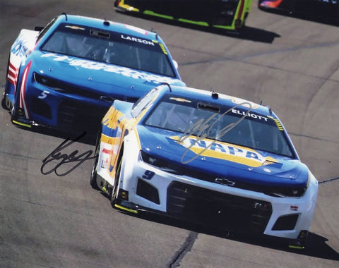 Signed 8x10 glossy NASCAR photo of Kyle Larson and Chase Elliott racing side by side during the 2023 season. Both drivers’ signatures are clearly visible, and the image highlights the power and speed of Hendrick Motorsports. A top-tier collectible and great gift for any NASCAR fan.
