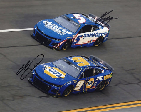 Authentic 2025 NASCAR action photo featuring Kyle Larson and Chase Elliott racing side by side, both signatures clearly visible. This 8x10 collectible celebrates Hendrick Motorsports' top drivers and includes a COA. Ideal for any racing fan’s collection and makes an excellent gift.